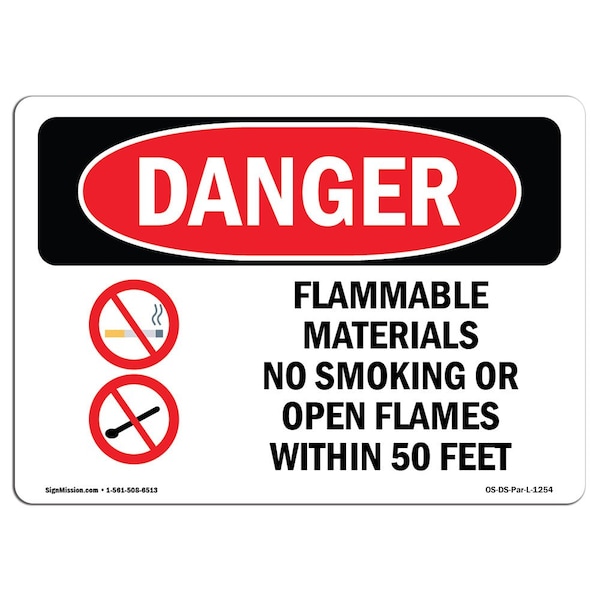 OSHA, Flammable Materials No Smoking 50 Feet, 18in X 12in Rigid Plastic, 12" W, 18" L, Landscape